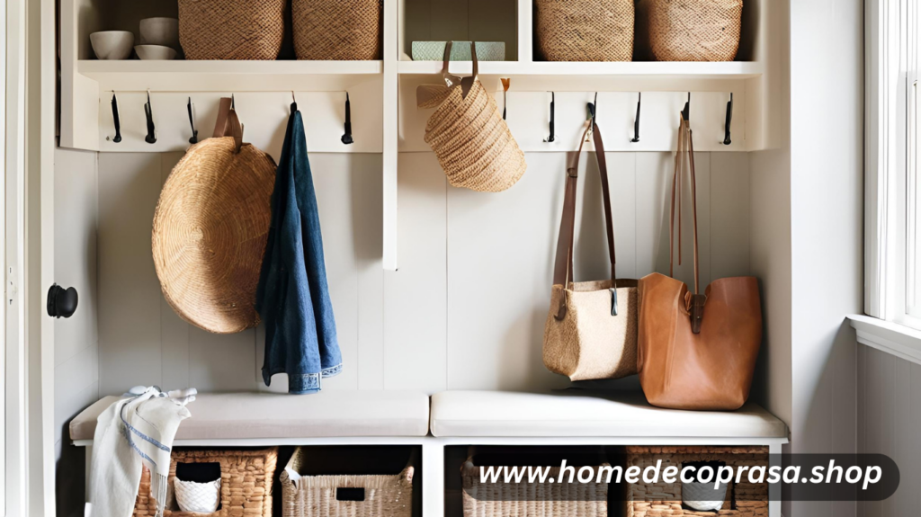 Once you planning to designing a small house, Ideas to make keep storage up high. To make your small space feel less crowded, keep storage off the floor and up high. Designer Amber Lewis achieved this in a mudroom by using wall-mounted hooks and a basket under a table.