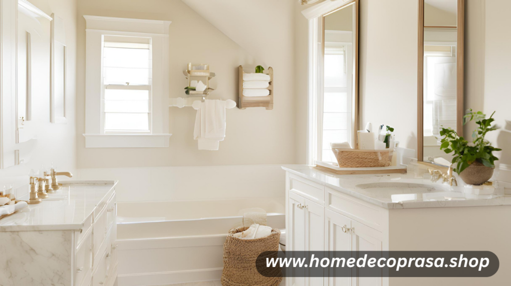 A neutral palette helps small rooms feel light and expansive. In designer Avery Cox’s bathroom design, soft cream walls and simple decor make the space feel serene rather than cramped. Avoiding heavy colors or busy patterns can prevent the room from feeling boxed in.