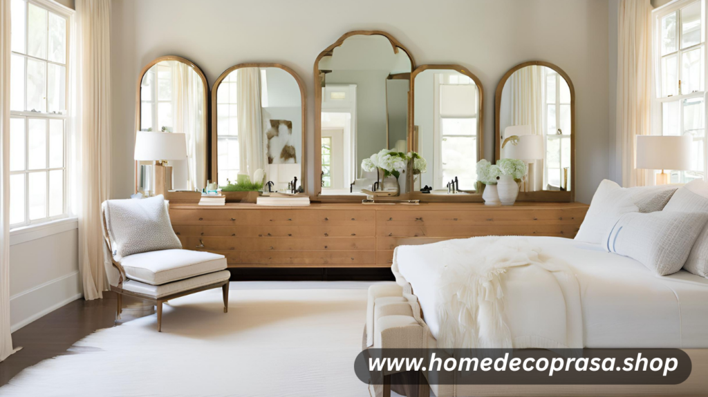 Mirrors reflect light and can make a room feel twice as big. In designer Marie Flanigan’s project, a large mirror brightens up a small bedroom and creates depth. Strategically placing a mirror across from a window enhances this effect by bouncing natural light around the space.