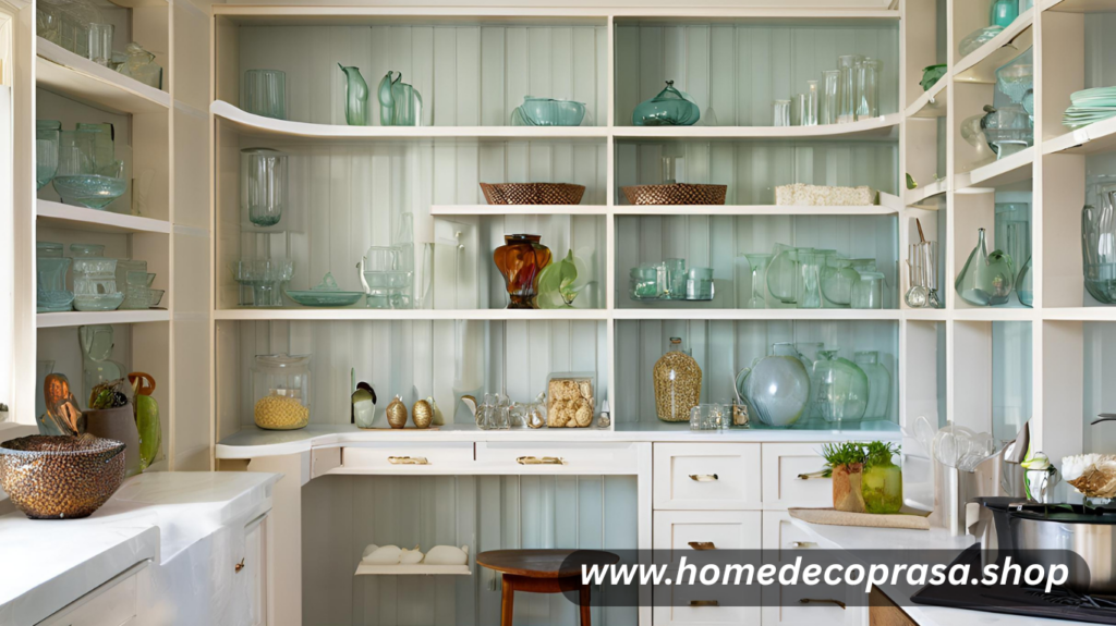 Open shelving can visually expand a small room, especially when using glass. Serena Dugan’s design showcases how shelves can provide storage while minimizing visual bulk. Glass shelves reflect light and create an airy look, helping the room feel less cramped.