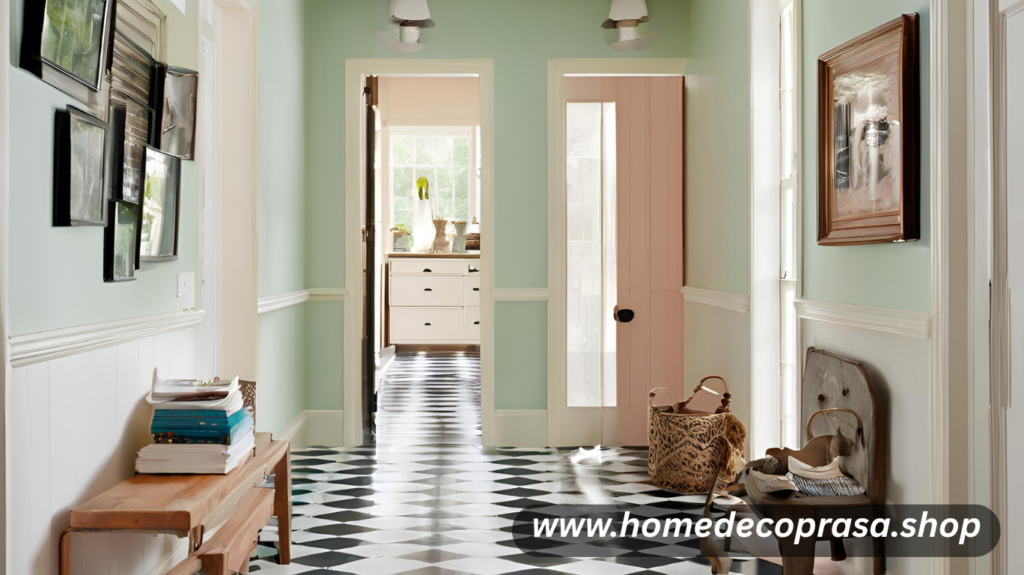 When square footage is limited, visual tricks can make a big impact. Designer Charlotte Barnes painted the floors in a narrow hallway to add interest and draw the eye forward. This creates the illusion of a longer, more spacious area. Painted floors are also a budget-friendly way to refresh a compact room without adding clutter. Choose light or patterned designs to brighten up the space and make it feel larger than it actually is, adding a chic element.